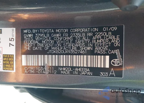 2009 Toyota Prius from USA, damaged, VIN JTDKB20UX93527461